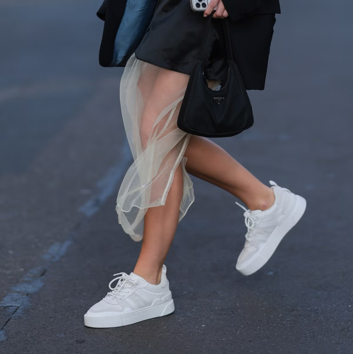 Edgy Contrast: Tulle Skirt and Blazer with Platform Sneakers — Reebok Club C Outfits