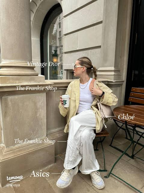 Effortless White Ensemble with a Striped Shirt — Asics Outfits