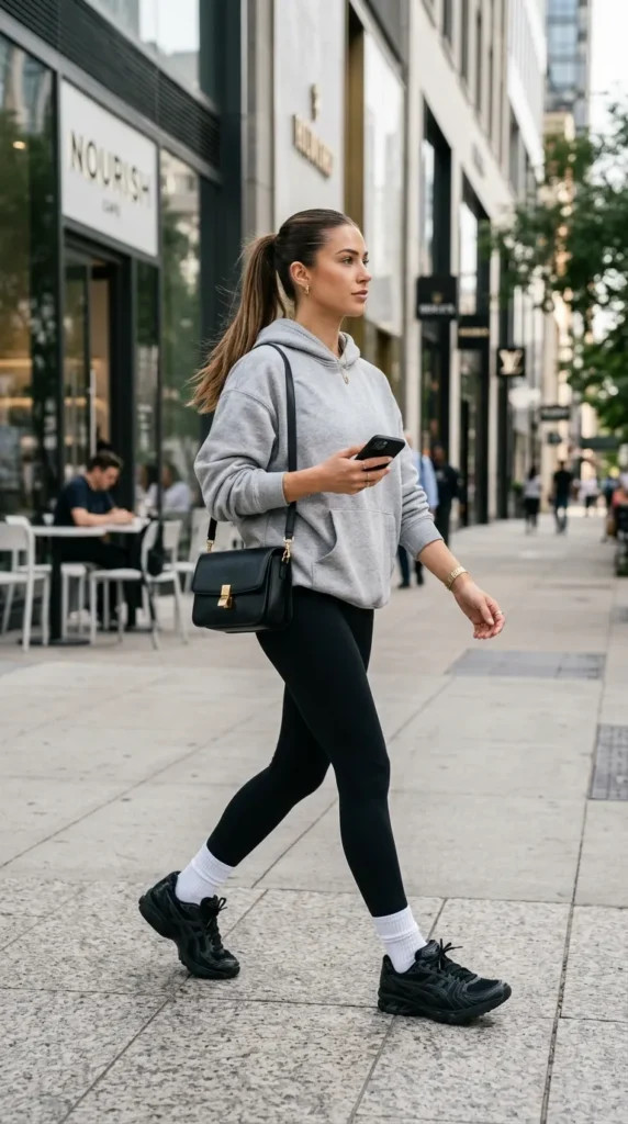 Monochrome Athleisure with Fleece Hoodie — Asics Outfits