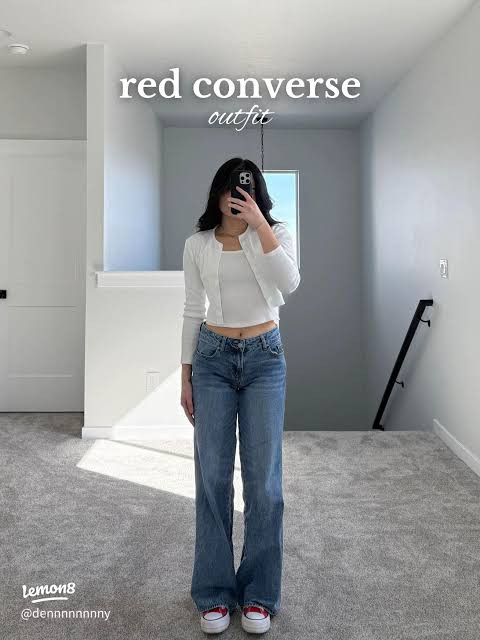 Wide-Leg Jeans and Cropped Cardigan with Red Platform Converse — Platform Converse Outfits