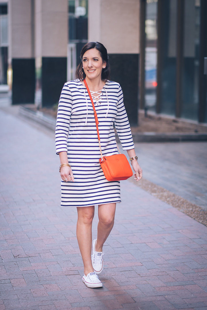Striped Dress and Orange Bag with White Converse — Platform Converse Outfits