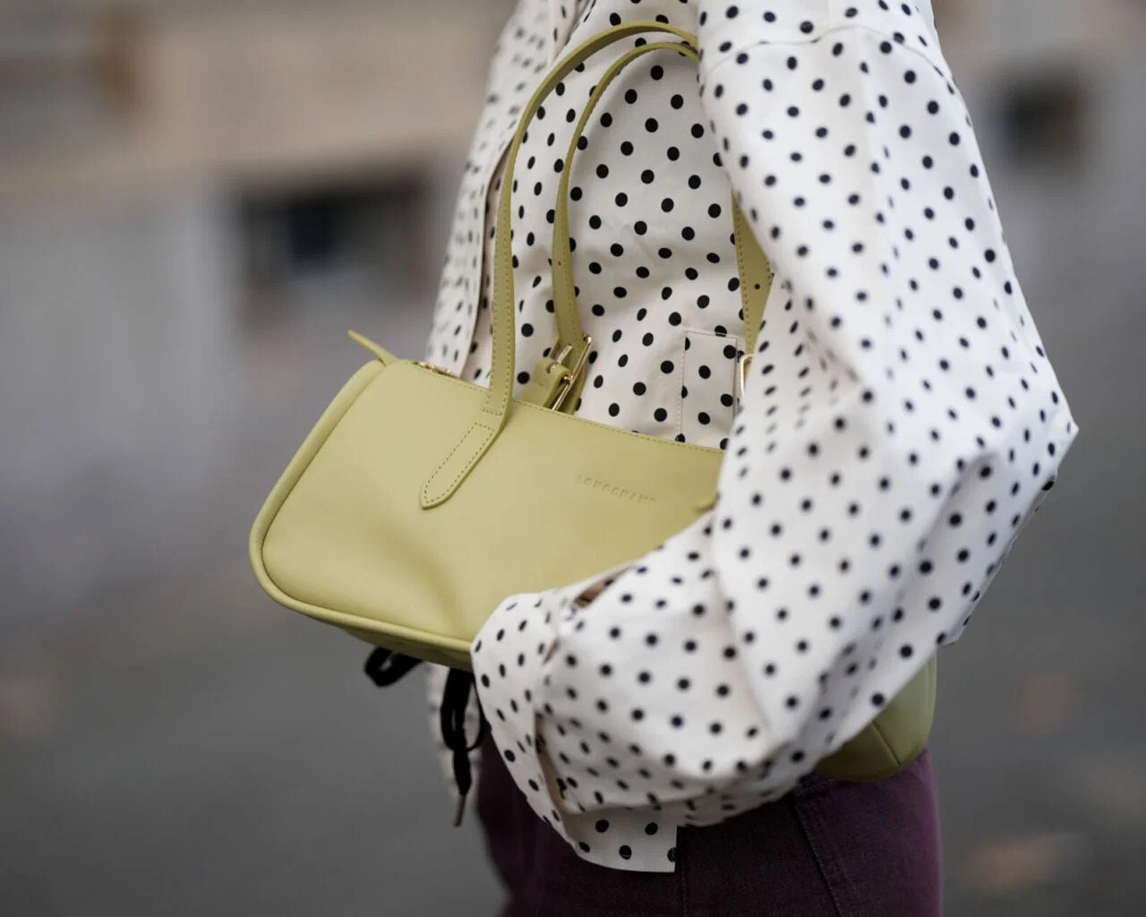 Bold Contrast: Lime Green Baguette with Polka Dot Shirt Bold Contrast: Lime Green Baguette with Polka Dot Shirt — Baguette Bag Outfits