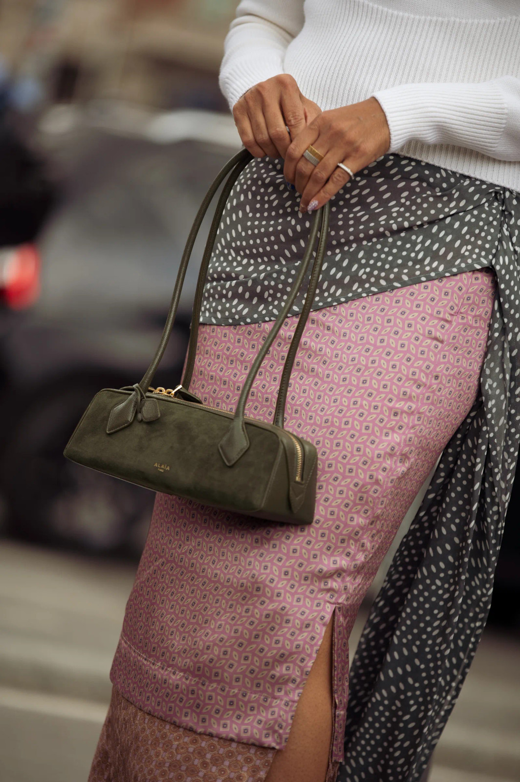 Smart Casual Chic: Olive Baguette with Patterned Skirt Smart Casual Chic: Olive Baguette with Patterned Skirt — Baguette Bag Outfits