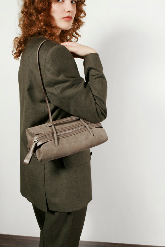 Elegant Monochromatic: Taupe Baguette with Taupe Suit Elegant Monochromatic: Taupe Baguette with Taupe Suit — Baguette Bag Outfits