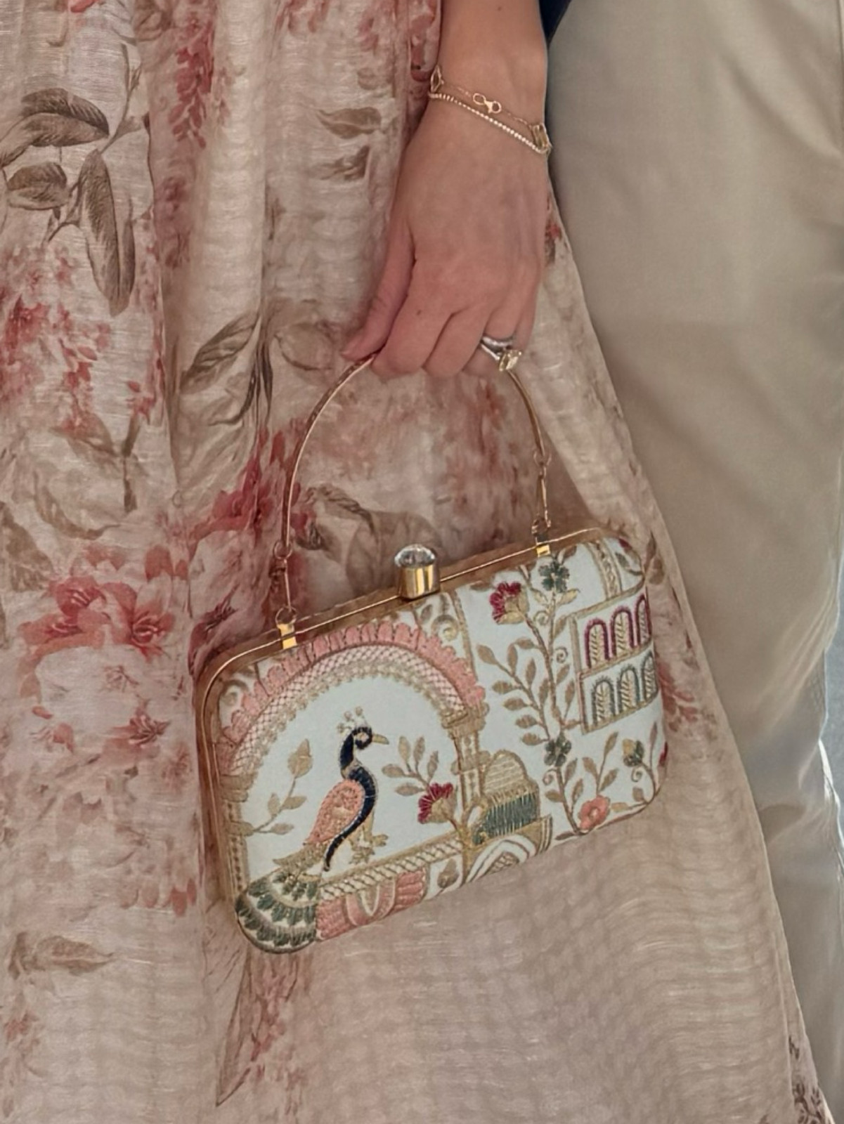 Embroidered Peacock Box Clutch with Floral Dress Embroidered Peacock Box Clutch with Floral Dress — Wedding Guest Bags