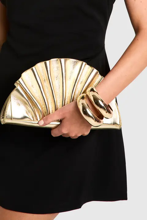 Scalloped Gold Clutch with Black Dress Scalloped Gold Clutch with Black Dress — Wedding Guest Bags