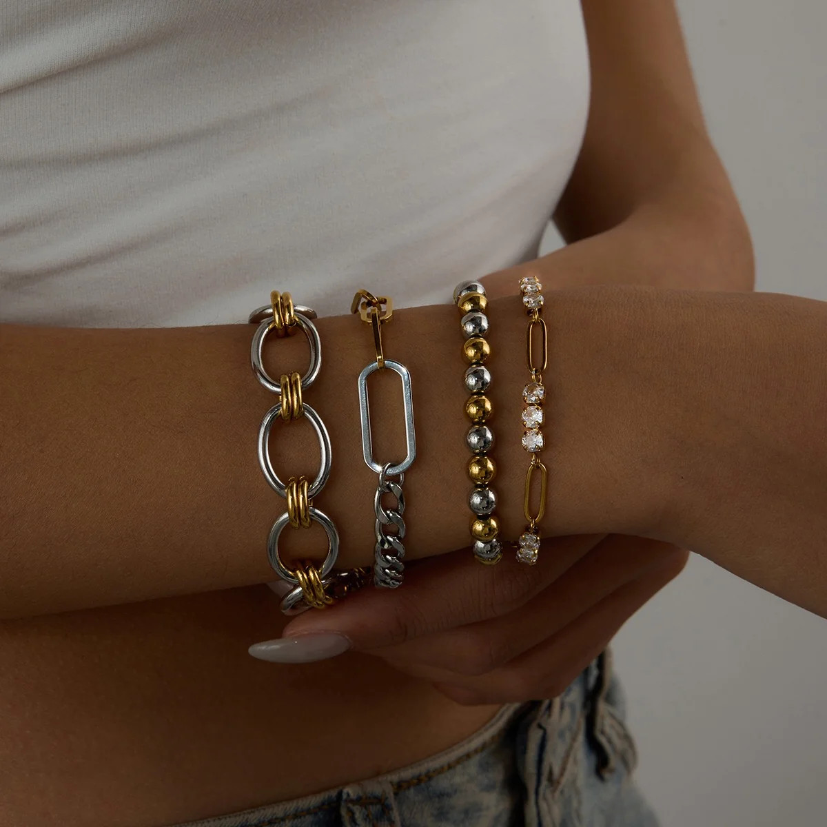 Mixed Metal Chain Bracelets with Denim Mixed Metal Chain Bracelets with Denim — Silver Jewelry Stack