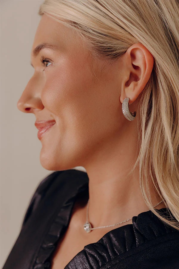 Pave Sparkle: Silver Hoops with a Ruffled Neckline — Silver Hoops Outfits