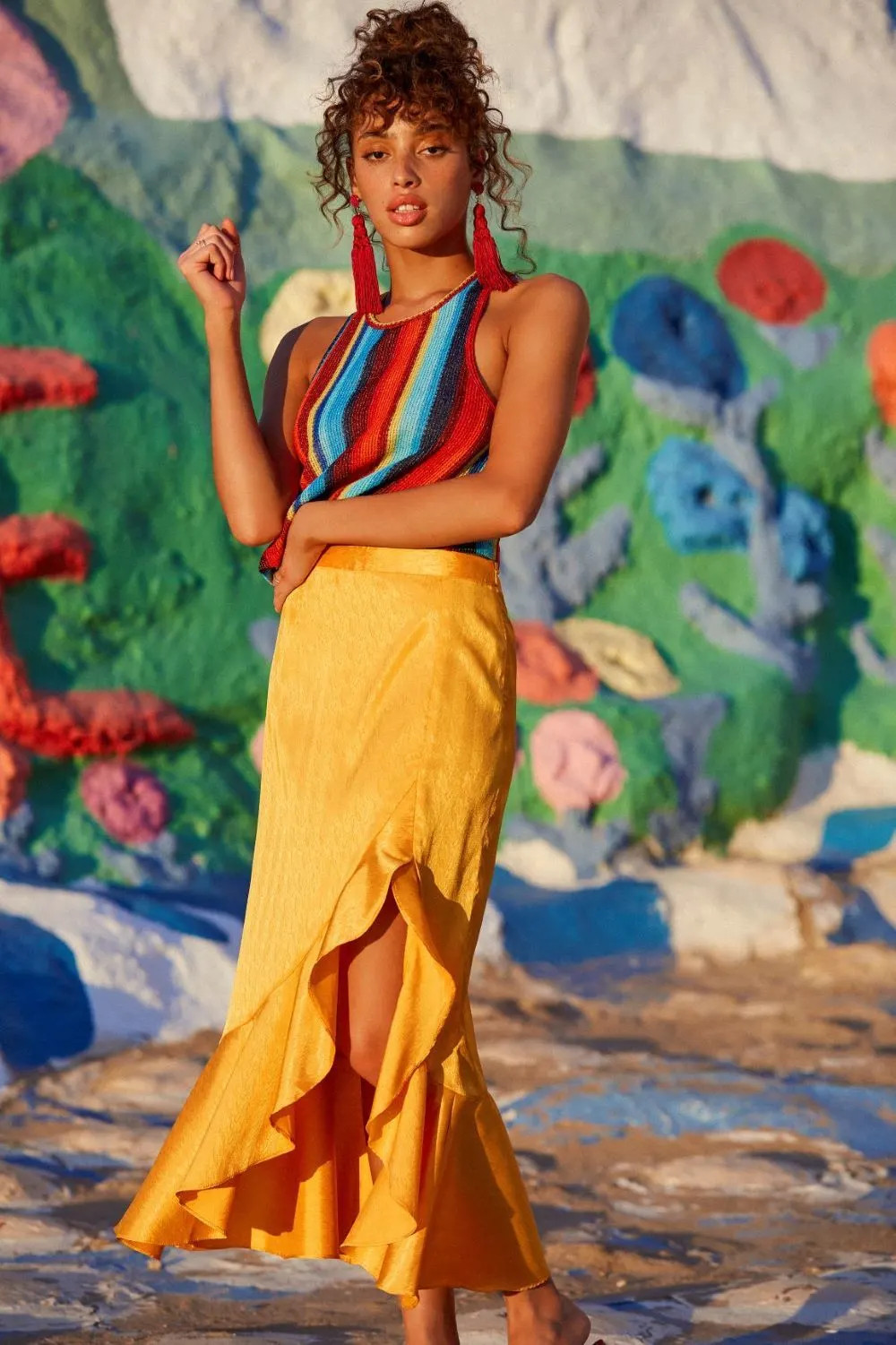 Red Tassel Statement Earrings with a Striped Halter Top and Maxi Skirt Red Tassel Statement Earrings with a Striped Halter Top and Maxi Skirt — Statement Earrings Outfits