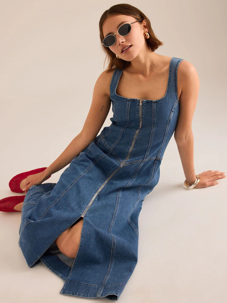 Denim Midi Dress with Red Flats and Sunglasses — Anthropologie Outfits