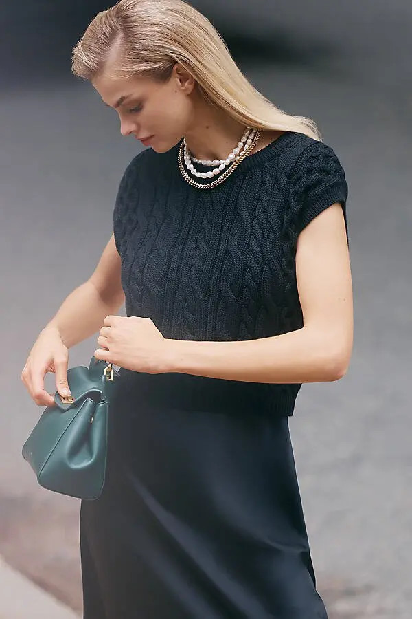 Knit Sweater over Slip Dress with Pearl Necklaces — Anthropologie Outfits
