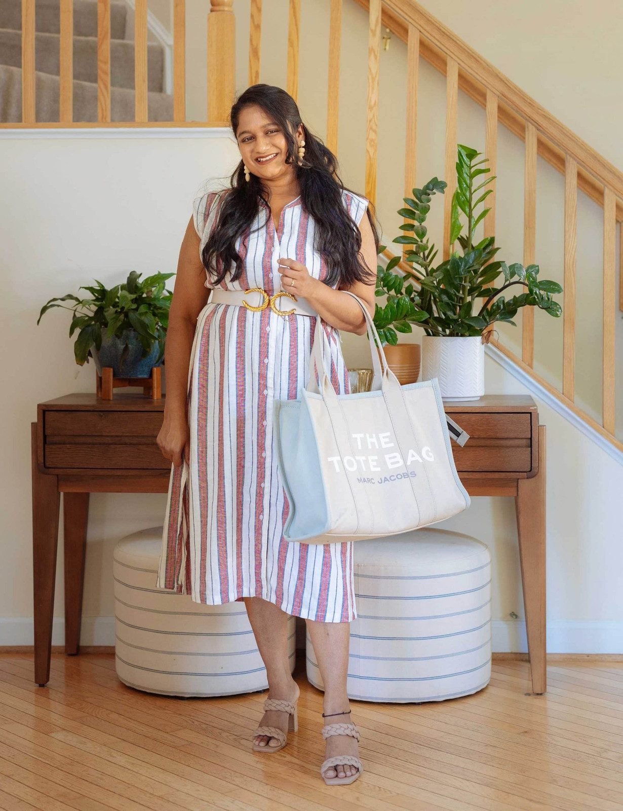 Striped Shirtdress and Belted Waist with a Canvas Tote Striped Shirtdress and Belted Waist with a Canvas Tote — Marc Jacobs Tote Outfits
