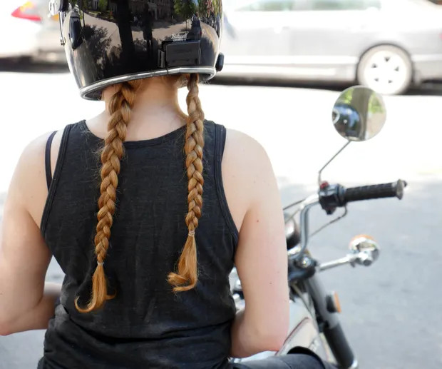 Collarbone Auburn Double Braids — Bike Helmet Hairstyles