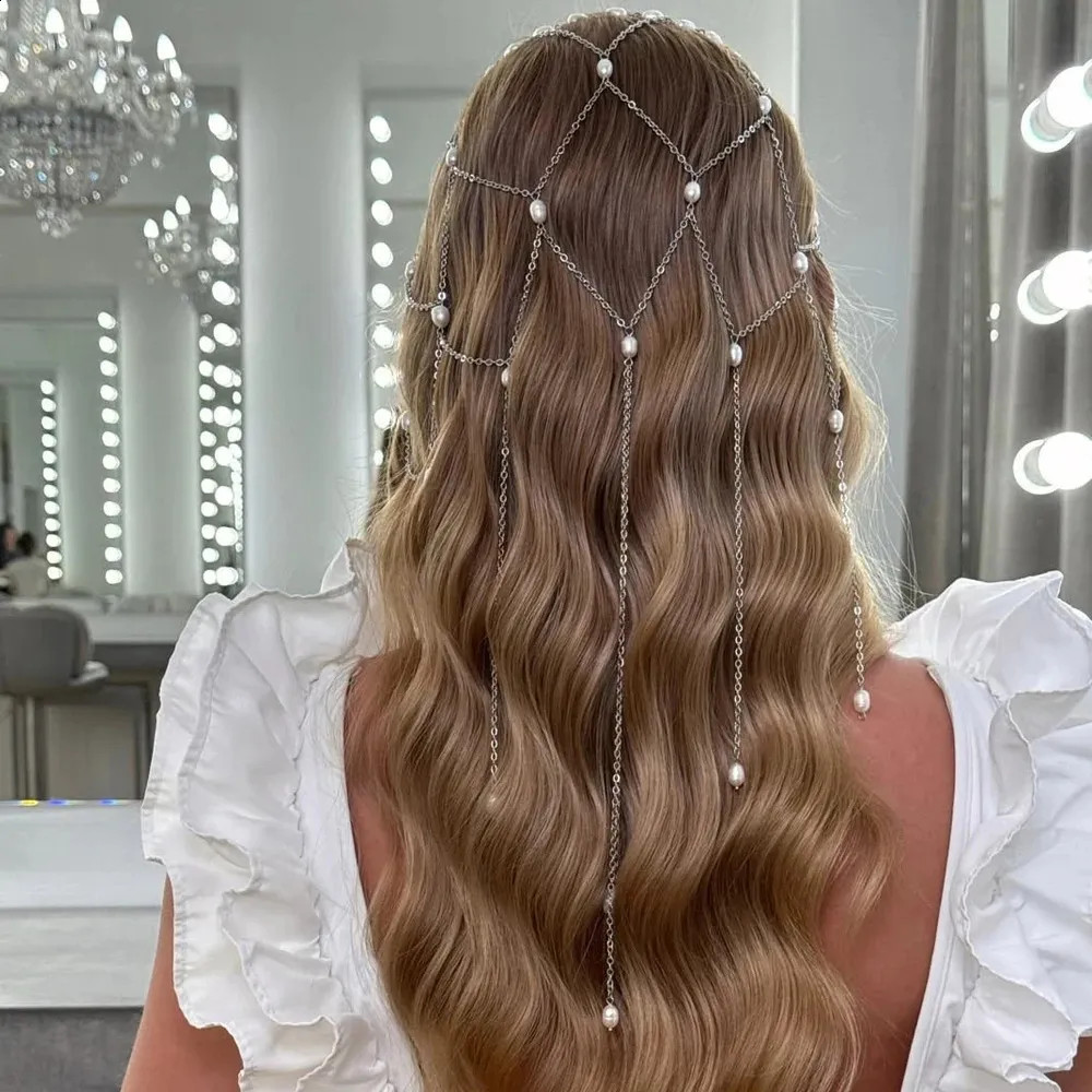 Loose Waves With Pearl and Chain Headpiece Loose Waves With Pearl and Chain Headpiece — Pearl Headband Hairstyles