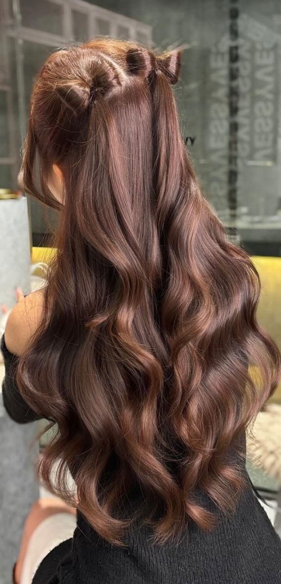 Braided Top on Thick Wavy Brown Hair — Hair Bow Half Up Half Down