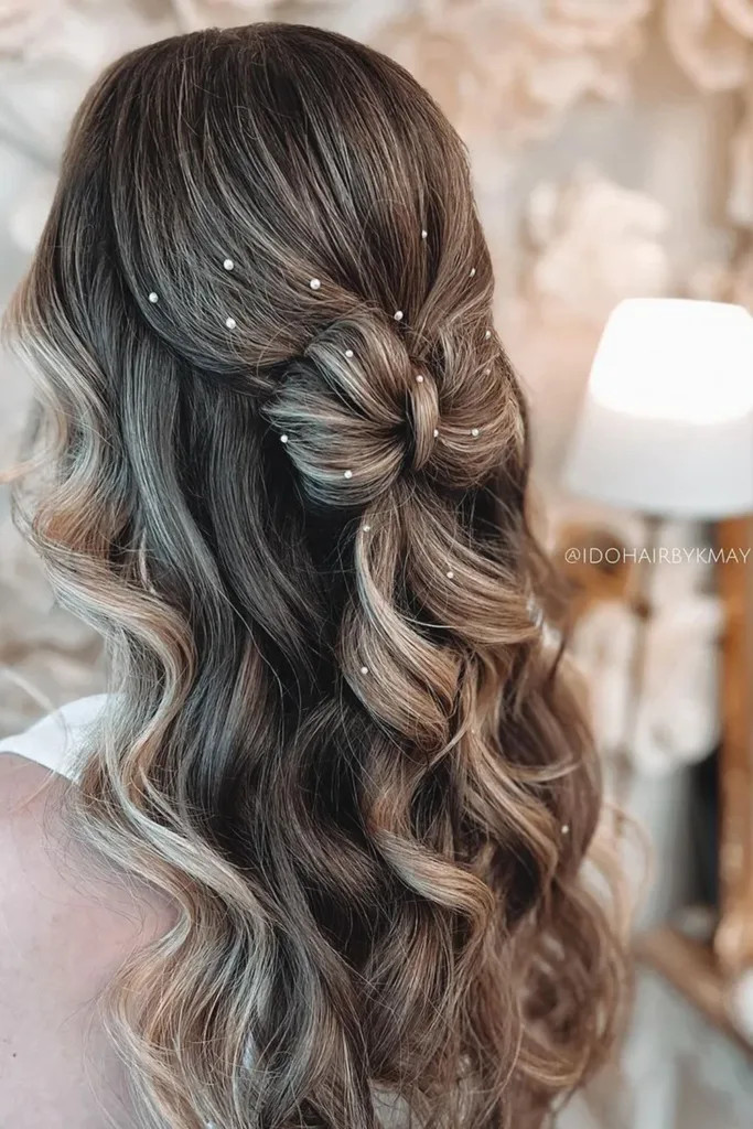 Dark Blonde Twisted Knot with Pearls — Hair Bow Half Up Half Down