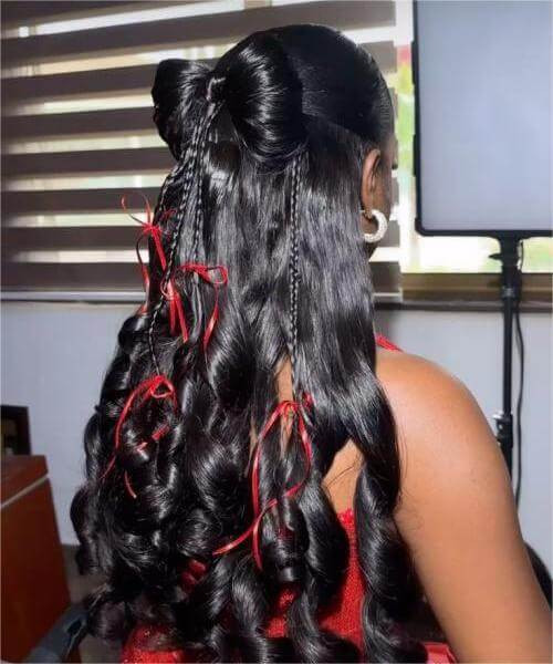 Black Hair Bow with Red Braided Ribbons — Hair Bow Half Up Half Down