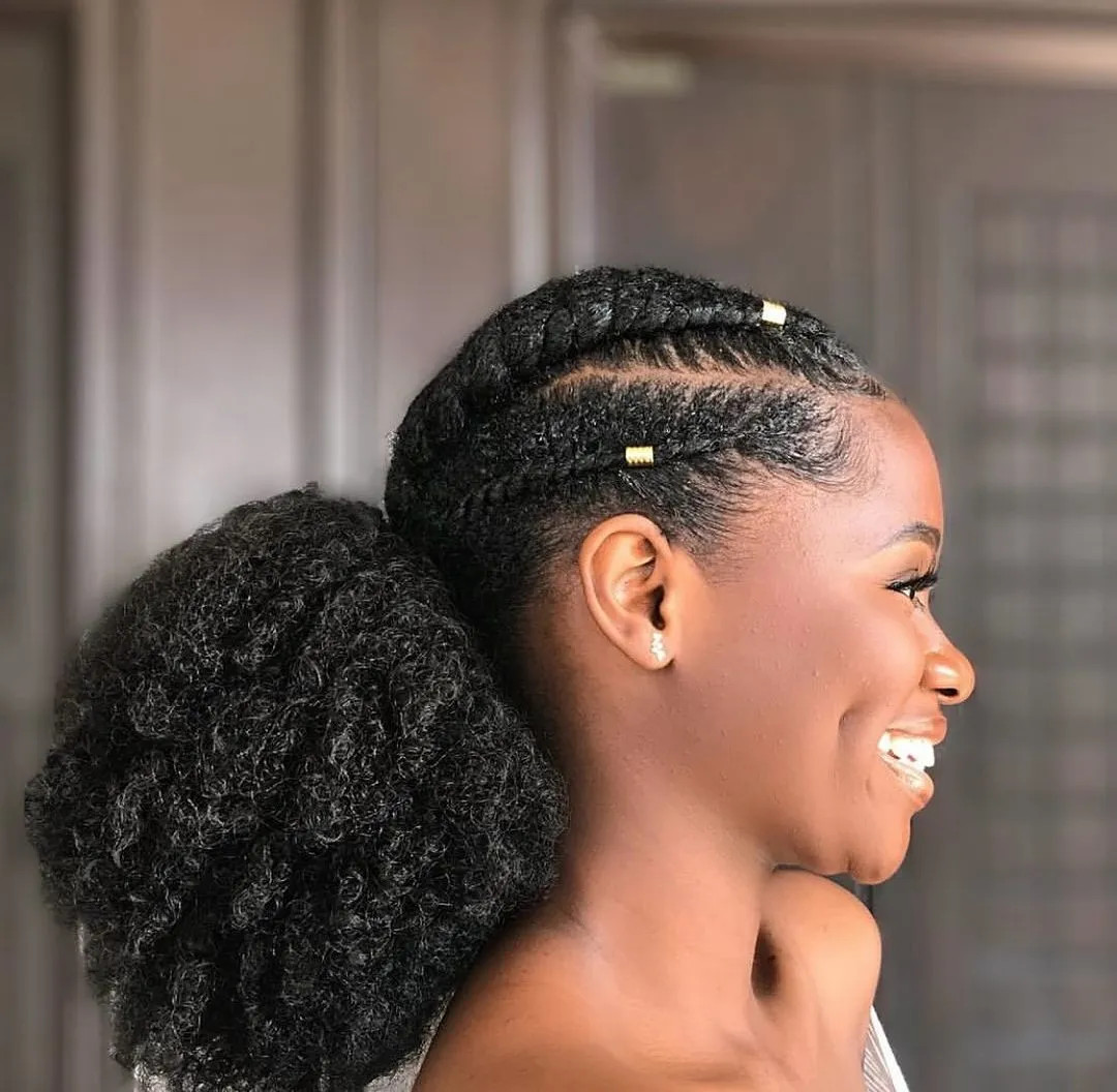 Low Puff with Cornrows and Gold Beads