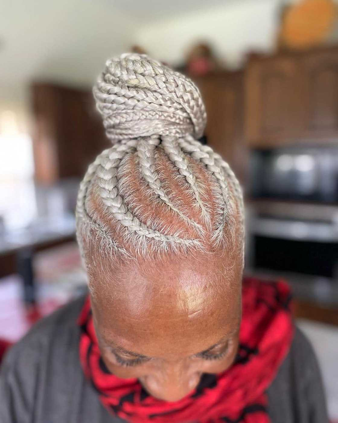 Cornrow Braids Into Bun With Silver Highlights Cornrow Braids Into Bun With Silver Highlights — Braids Over 50