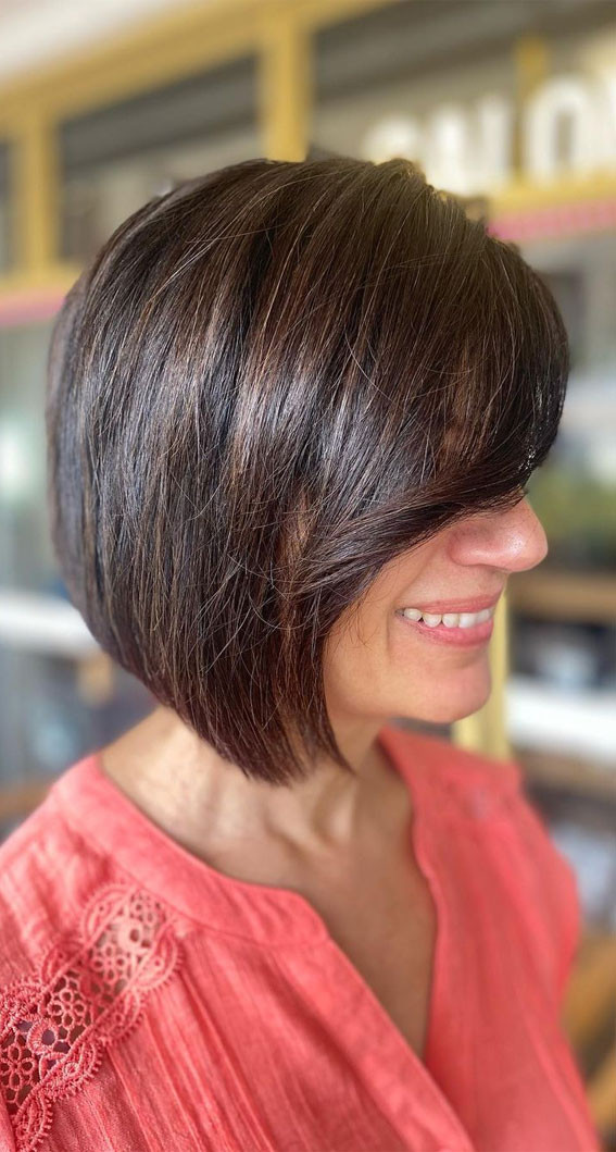 Dark Brown Bob with Side-Swept Fringe Dark Brown Bob with Side-Swept Fringe — Brown Hair Over 50