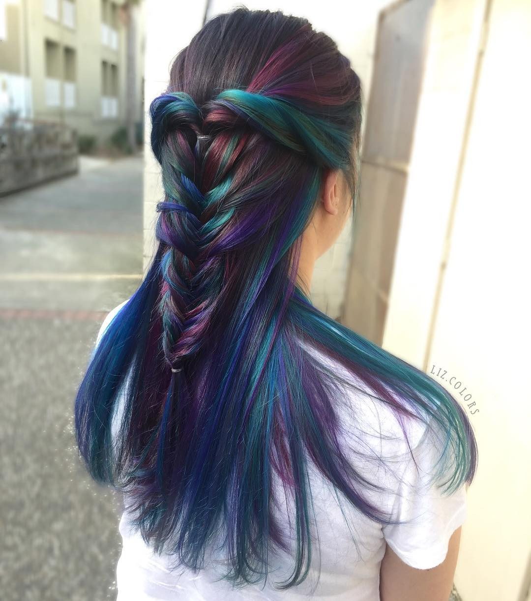 Mid-Back Braided Half-Updo Teal Purple Magenta Mid-Back Braided Half-Updo Teal Purple Magenta — Peacock Hair