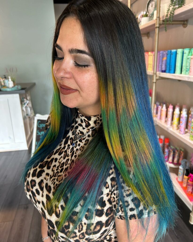 Collarbone Lob Dark Base Multi-Color Ends Collarbone Lob Dark Base Multi-Color Ends — Peacock Hair