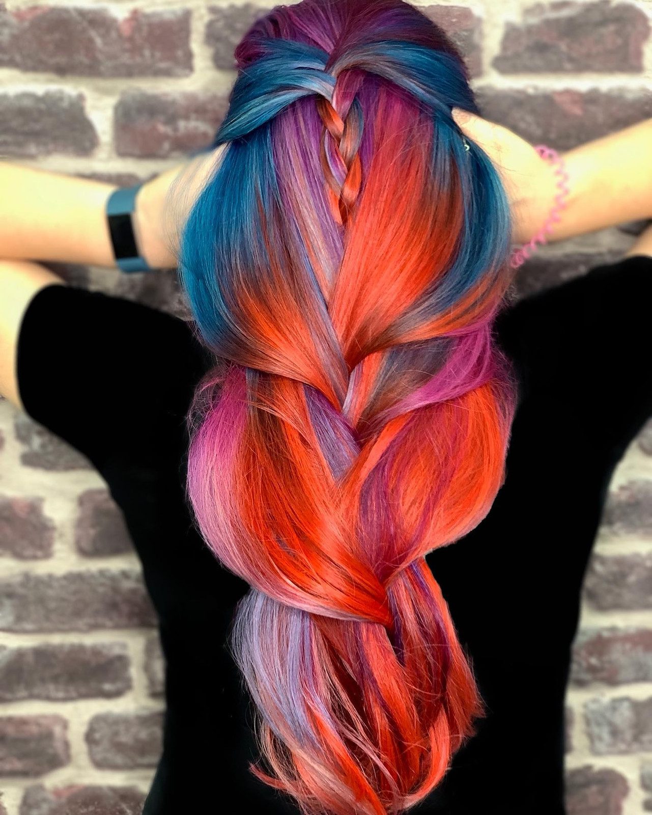Mid-Back Braid With Orange Blue Purple Mid-Back Braid With Orange Blue Purple — Peacock Hair
