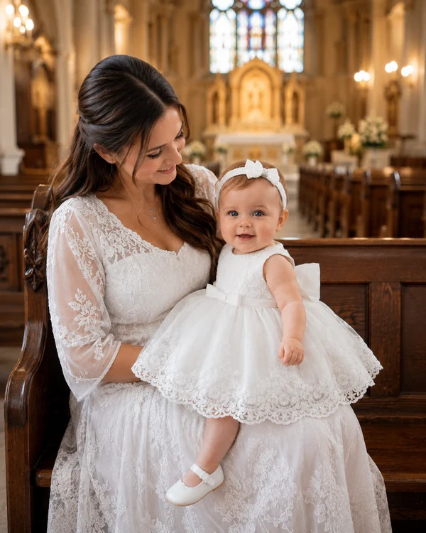 White Lace Baptism Dress with Tulle Overlay and Headband — Baptism Outfits