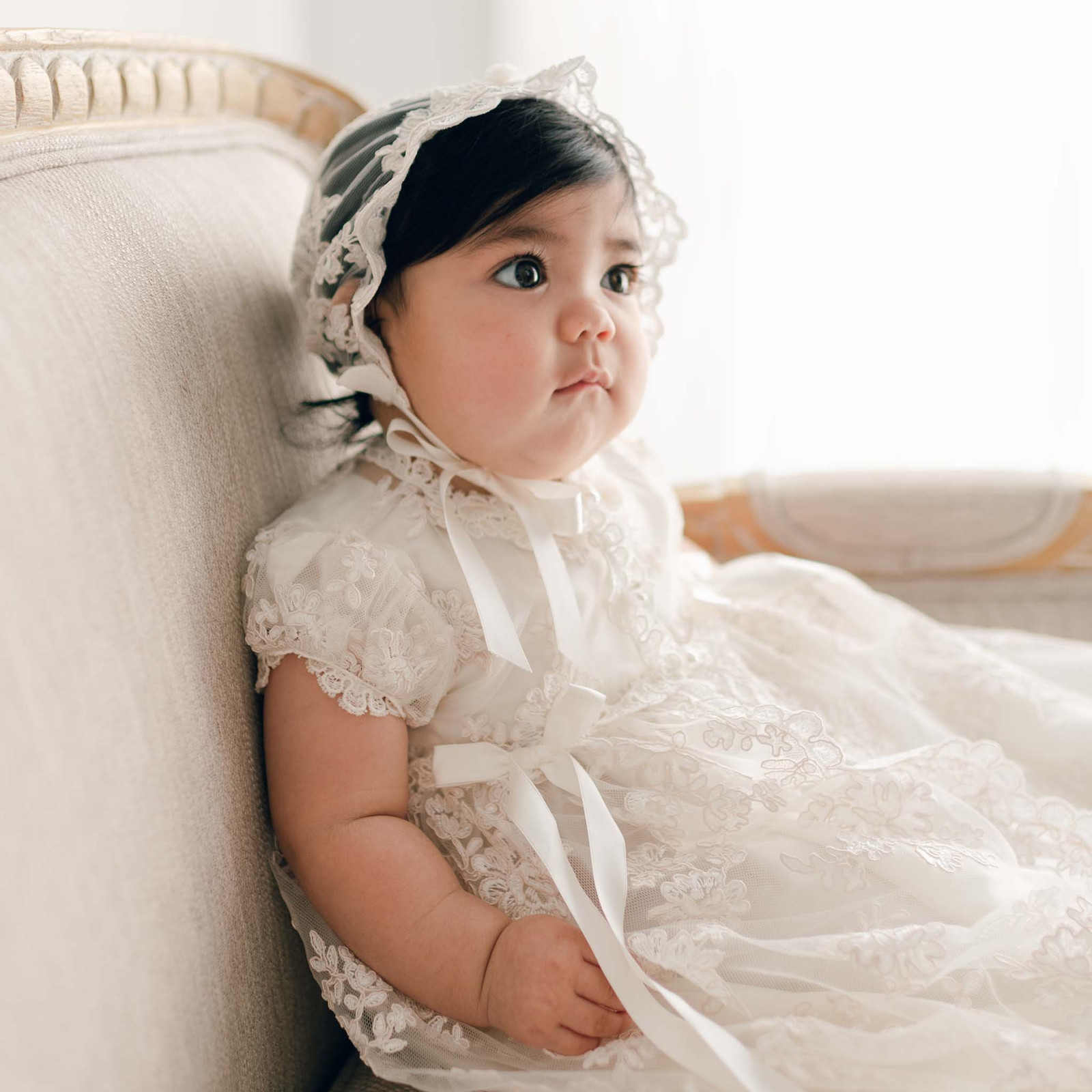 Baptism Ivory Lace Christening Gown with Satin Ribbon Ties — Baptism Outfits
