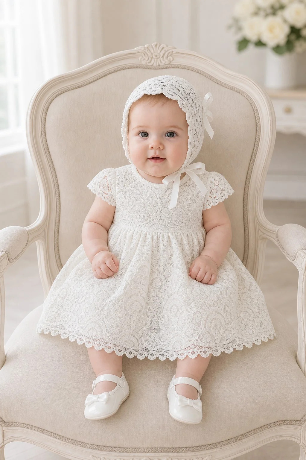 Ivory Lace Christening Dress with Satin Bow Accent — Baptism Outfits