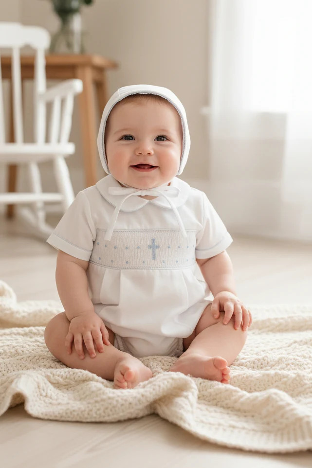 White Romper with Blue Smocked Panel and Bonnet — Baptism Outfits