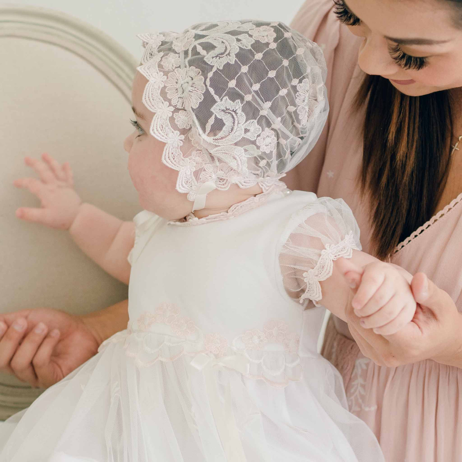 Ivory Christening Gown with Tulle Overlay and Ribbon Bows — Baptism Outfits