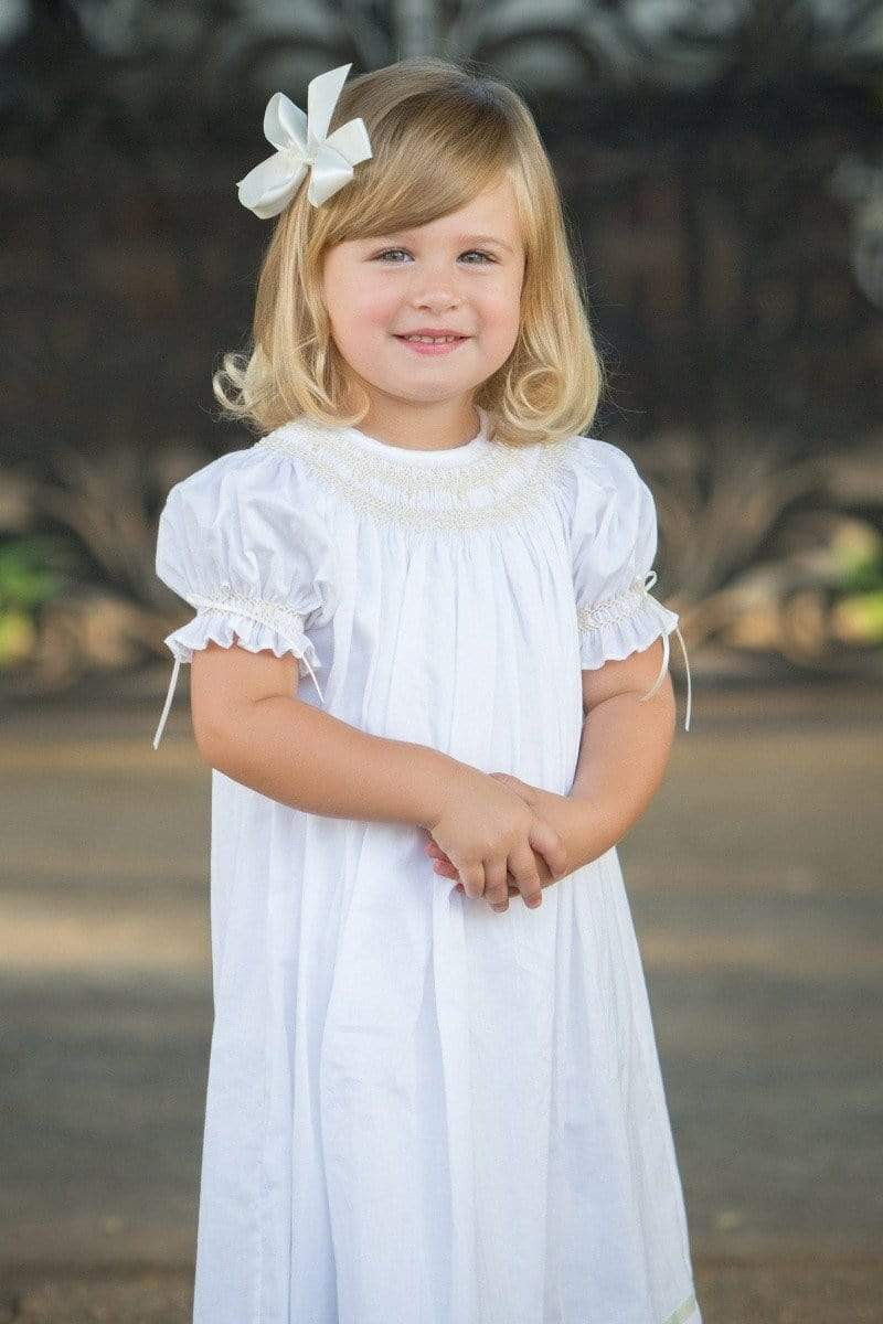 White Cotton Christening Dress with Smocked Yoke — Baptism Outfits
