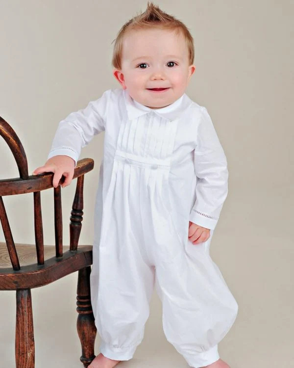 White Cotton Christening Romper with Pleated Bib — Baptism Outfits