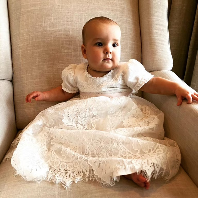 None White Baptism Dress with Lace Overlay and Pink Sash — Baptism Outfits