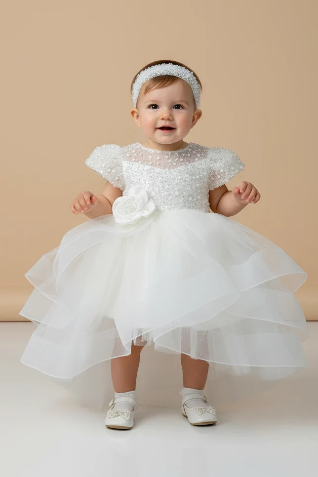 White Organza Christening Dress with Sequined Skirt — Baptism Outfits