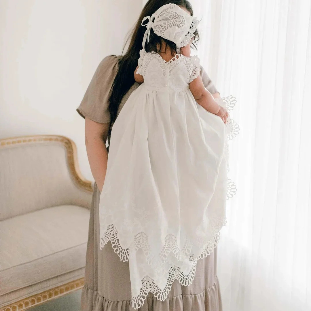 Delicate Cotton Christening Gown with Intricate Lace — Baptism Outfits