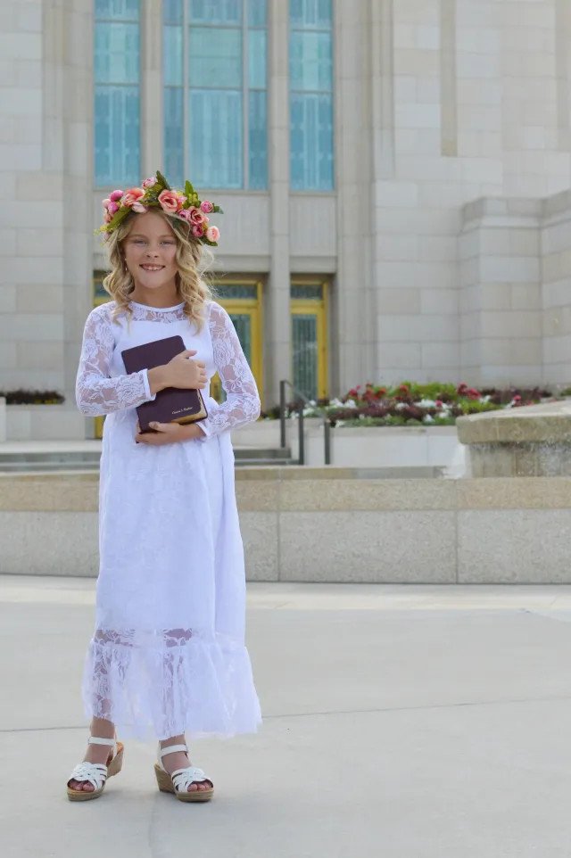 White A-Line Lace Dress with Ruffled Hem and Floral Crown — Baptism Outfits