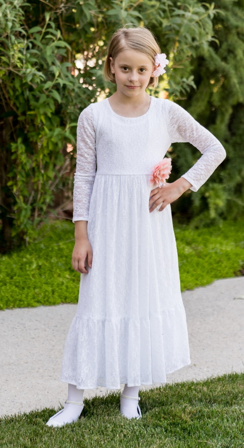 White Lace Dress with Tiered Skirt and Flower Clip — Baptism Outfits